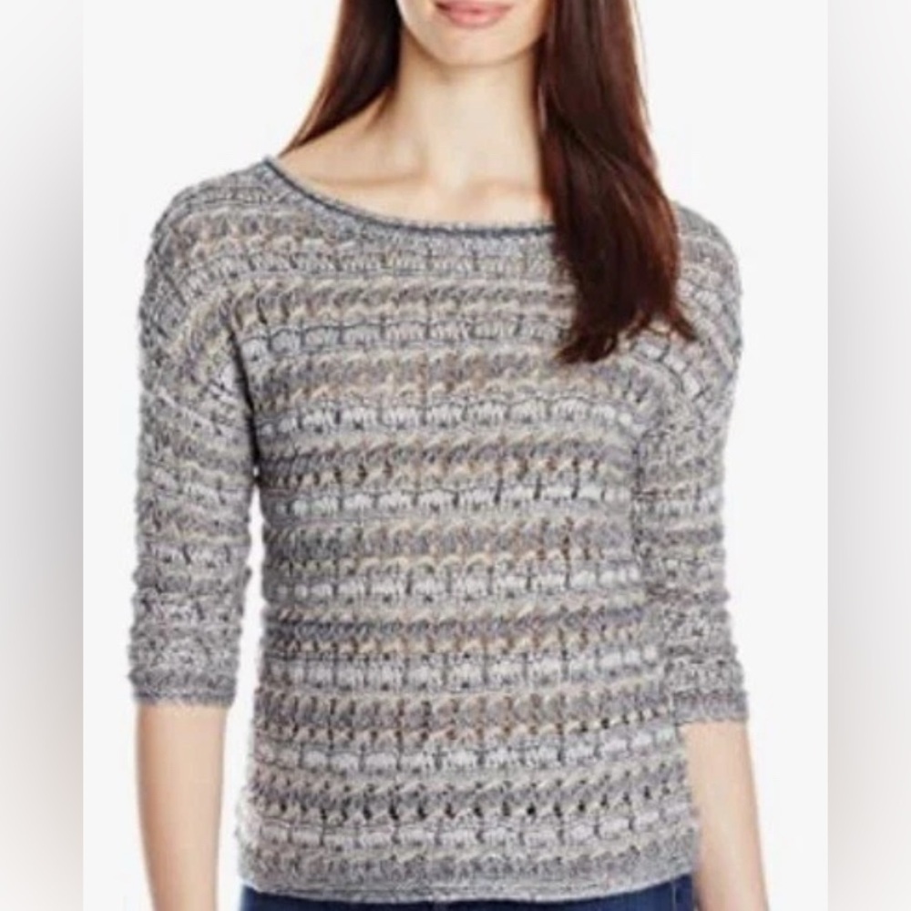 Lucky Brand  Womens Metallic 3/4 Sleeve Sweater Gray Medium Open Knit NEW 457